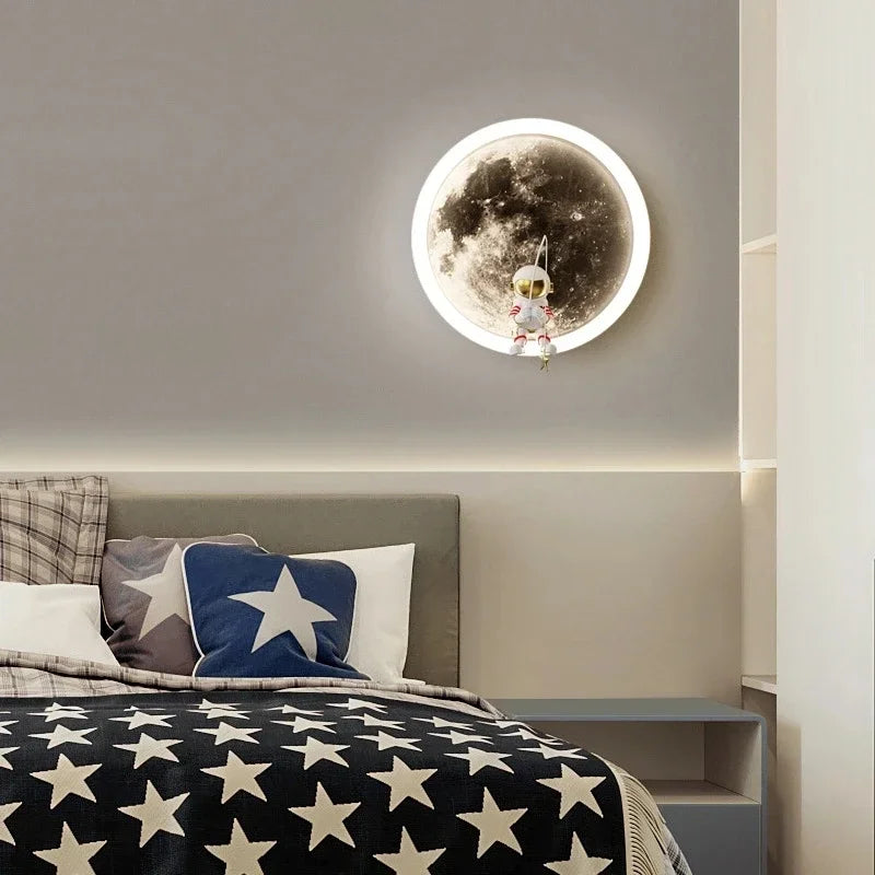 Cartoon Spaceman Astronaut Moon Round Led Wall Lamp